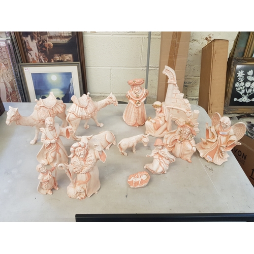 527 - Garry Sharpe Design 1990 Nativity Scene in a Peach Clay Tone (14 pieces)