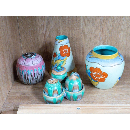 360 - A collection of Shelley Harmony Drip Glazed items to include pink preserve pot, Flora patterned Vase... 