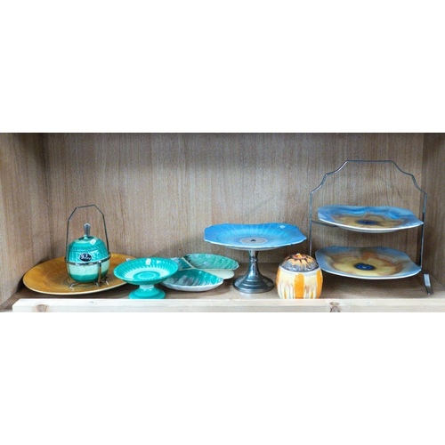 363 - A collection of Shelley Harmony Drip Glazed items to include two tier cake stand, comport, preserve ... 