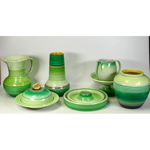 366 - A collection of Green Shelley Pottery Harmony Ware to include Vase, Jug, lidded dish, comport jug et... 