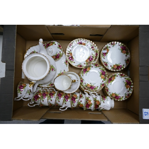 12 - Royal Albert Old Country Roses tea ware to include 12 trio's, teapot, milk jug, sugar bowl and cake ... 