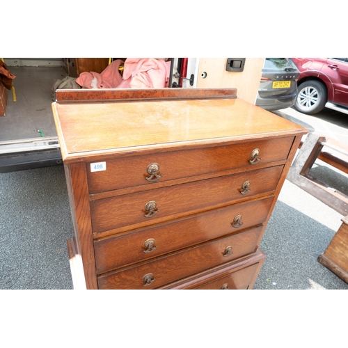 498 - 1930's oak chest on chest with enamelled handles. 132cm high, 92cm wide, 46cm deep