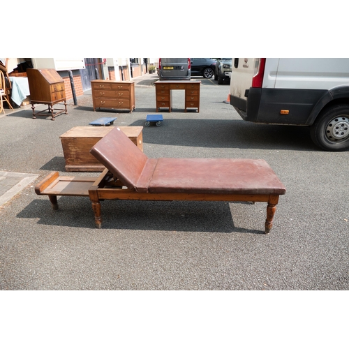 504 - Leather topped Antique medical lounger . 144cm long, 57cm wide