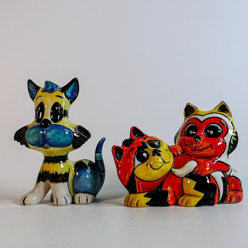 86 - Lorna Bailey hand decorated prototype cat figures The Playful Pair & Alley cat (2)