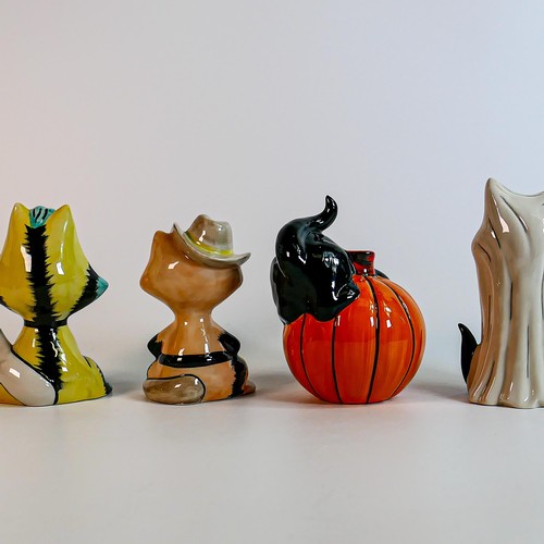 94 - Lorna Bailey hand decorated comical cat figures -Catkin, Trick or Treat, Ghost cat Cleo & John Wayne... 