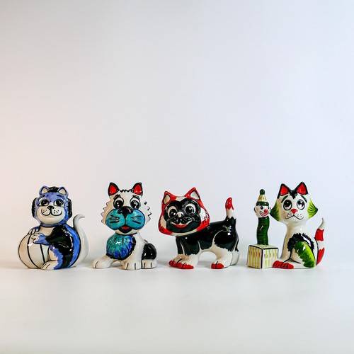 97 - Lorna Bailey hand decorated comical cat figures -cat and ball, Charlie, Jack in the box & Cutie (4)