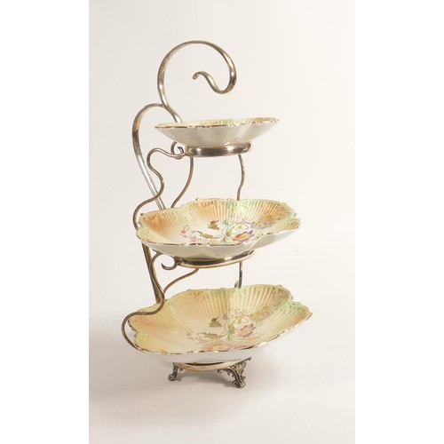 128 - Carlton Blush ware metal mounted 3 tier Entrée dish, scallop edged with floral ragged robin decorati... 