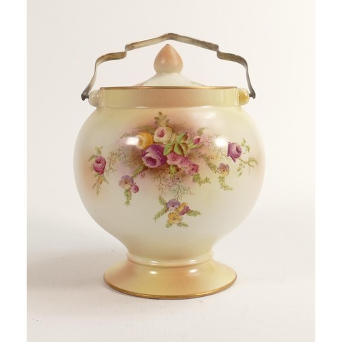 138 - Carlton Blush ware metal mounted biscuit barrel with floral rose garland decoration, by Wiltshaw & R... 