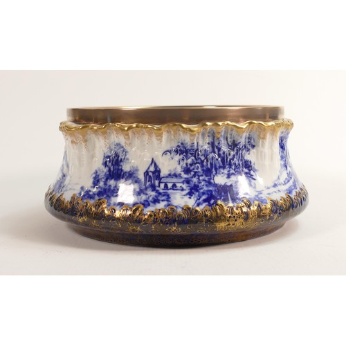 139 - Carlton Blush ware metal mounted fruit bowl with blue & white church scene decoration, by Wiltshaw &... 