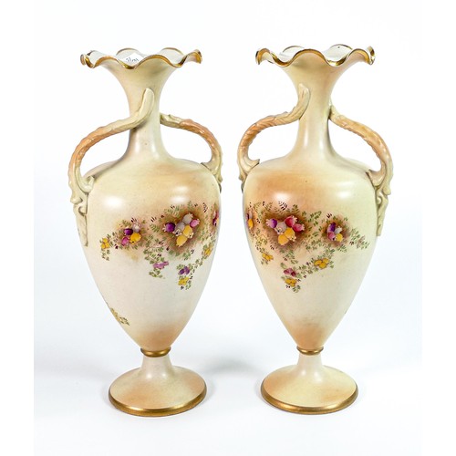 157 - Carlton Blush ware pair of twin handled vases with Foxglove & heather floral decoration, by Wiltshaw... 