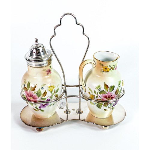 170 - Carlton Blush ware metal metal framed condiment set with floral  petunia decoration, by Wiltshaw & R... 