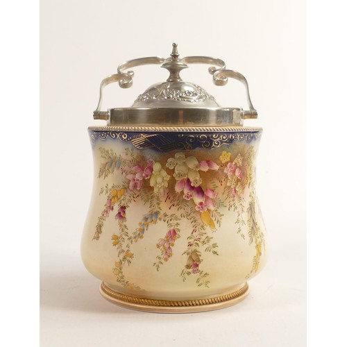 179 - Carlton Blush ware metal mounted biscuit barrel with heather decoration, by Wiltshaw & Robinson, c19... 