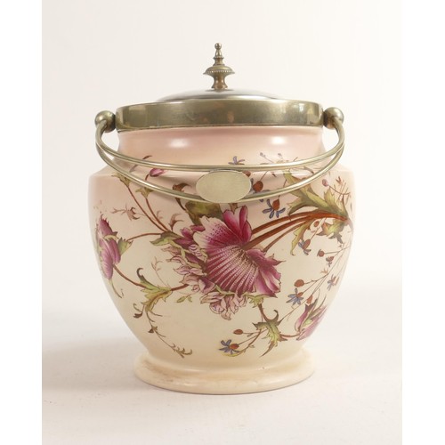 180 - Carlton Blush ware metal mounted biscuit barrel with Poppy decoration, by Wiltshaw & Robinson, c1900... 