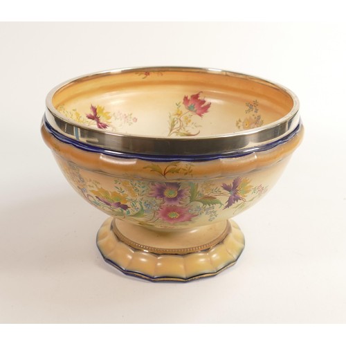 181 - Carlton Blush ware metal mounted footed fruit bowl with floral ragged robin decoration, by Wiltshaw ... 