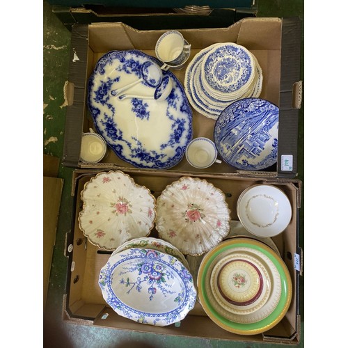 124 - A mixed collection of blue and white ceramic items to inlclude flo blue platter, soup bowl, two ture... 