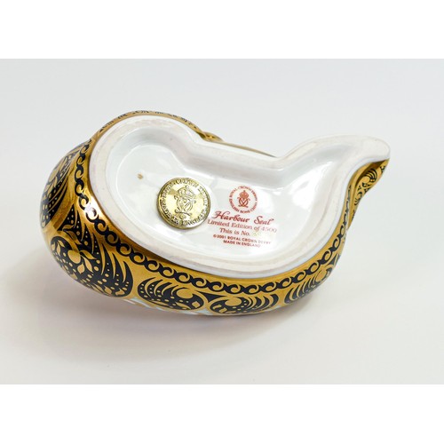 579 - Royal Crown Derby Harbour seal paperweight, limited edition, gold stopper, boxed with cert