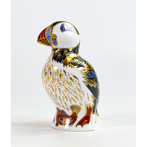 583 - Royal Crown Derby puffin paperweight, gold stopper, boxed