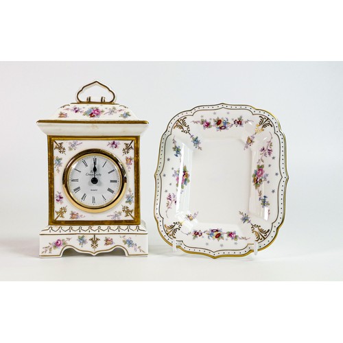 584 - Royal Crown Derby Royal Antionette pattern Mantle clock & tray, boxed, height of clock 18cm