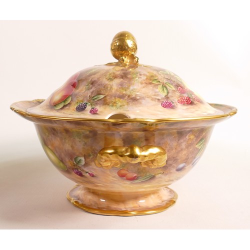 585 - D R B Bone China Royal Crown Derby large two handled tureen & cover hand painted with fruit by David... 