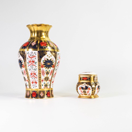 597 - Royal Crown Derby Old Imari vase and mustard pot in 1128 design, a/f. Vase has 1.25cm Chip to base e... 