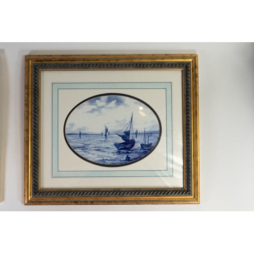 600 - Pair of Royal Crown Derby plaques decorated with yachts & coastal scenes by W E Dean, in larger wood... 