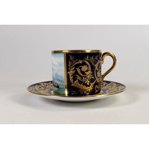 603 - Lynton Fine Porcelain coffee can & saucer, gilded on blue ground, hand painted with galleon & ships ... 