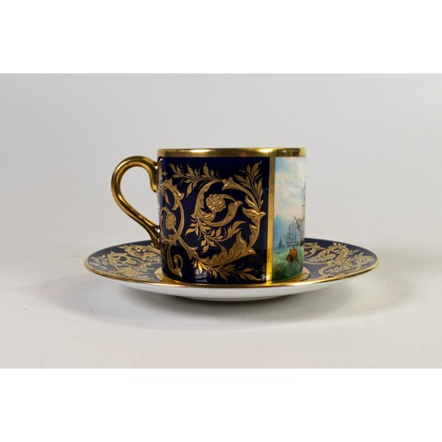 603 - Lynton Fine Porcelain coffee can & saucer, gilded on blue ground, hand painted with galleon & ships ... 