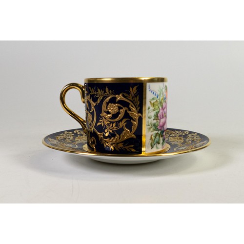 604 - Lynton Fine Porcelain coffee can & saucer, gilded on blue ground, hand painted with flowers by Stefa... 