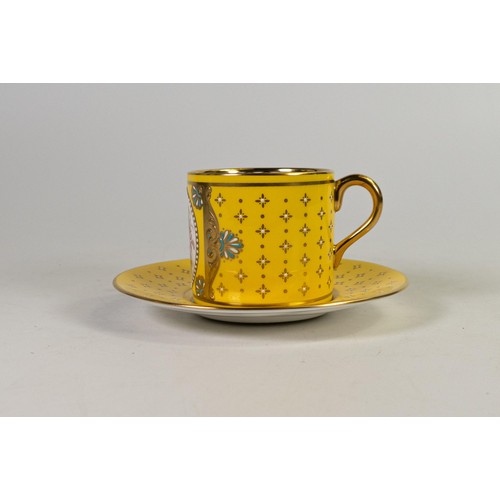 605 - Lynton Fine Porcelain coffee can & saucer, gilded on yellow ground, hand painted with flowers by Ste... 