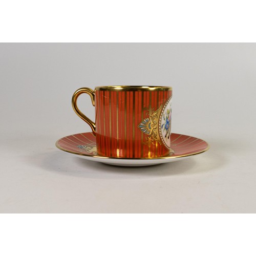 607 - Lynton Fine Porcelain coffee can & saucer, gilded on orange ground, hand painted with flowers by Ste... 