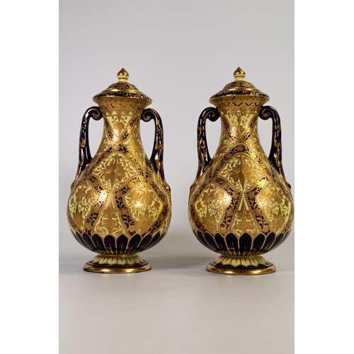 619 - Pair of 19th century Crown Derby gilded two handled vase & covers on yellow ground, good condition, ... 