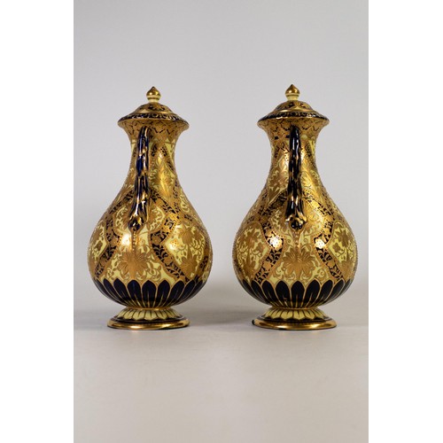 619 - Pair of 19th century Crown Derby gilded two handled vase & covers on yellow ground, good condition, ... 