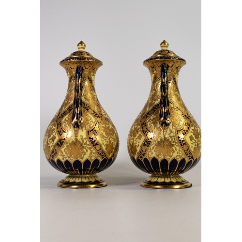 619 - Pair of 19th century Crown Derby gilded two handled vase & covers on yellow ground, good condition, ... 