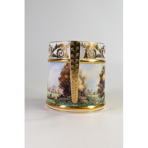 621 - Lynton Fine Porcelain tankard, gilded & hand painted with stately home by Stefan Nowacki, h.12cm.