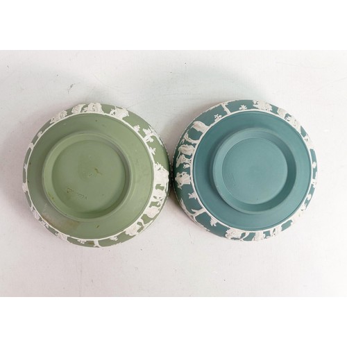 629 - Two Wedgwood Jasper ware fruit bowls, one in Teal green and the other Sage green. Measure 20cm in di... 