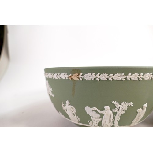 629 - Two Wedgwood Jasper ware fruit bowls, one in Teal green and the other Sage green. Measure 20cm in di... 