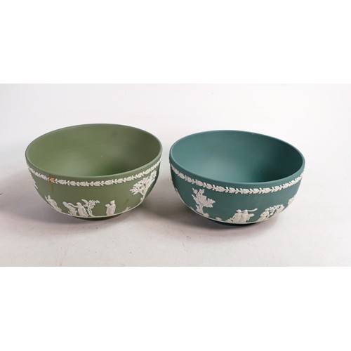 629 - Two Wedgwood Jasper ware fruit bowls, one in Teal green and the other Sage green. Measure 20cm in di... 