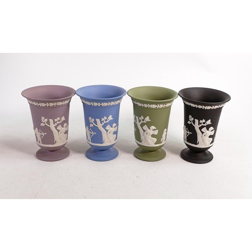 630 - A collection of Wedgwood Jasper ware vases, in various colours to include lilac, black, Sage green a... 