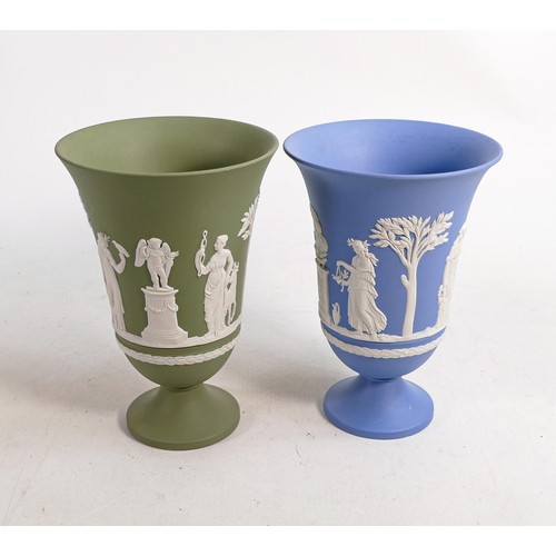 637 - Two Wedgwood Jasper ware neo classical Arcadian vases, colours to include pale blue and sage green. ... 