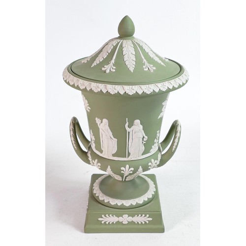 650 - Wedgwood Sage green Jasper ware two handled urn & cover, height 30cm.