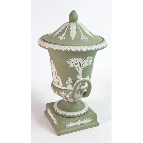 650 - Wedgwood Sage green Jasper ware two handled urn & cover, height 30cm.