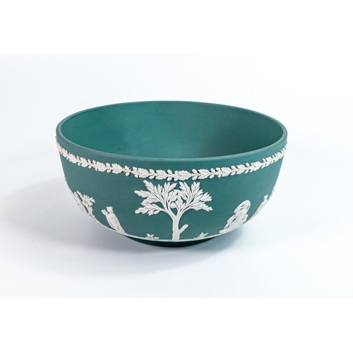 659 - Wedgwood teal fruit bowl with classical scenes. Diameter 20cm