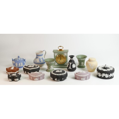 664 - A collection of multi coloured Wedgwood items to include lemon ginger jar, sage green vases & Mantle... 