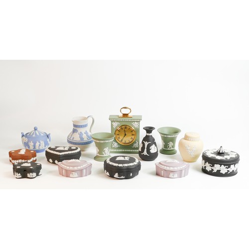 664 - A collection of multi coloured Wedgwood items to include lemon ginger jar, sage green vases & Mantle... 