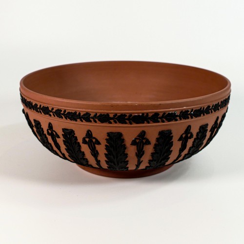 665 - Wedgwood black on terracotta footed Acanthus leaf bowl, some lime scale staining to inside, diameter... 