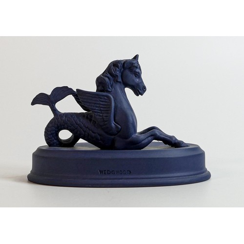 673 - Wedgwood Royal Tournament 1990 Hippocampus Portland blue Jasper ware figure, length 11cm