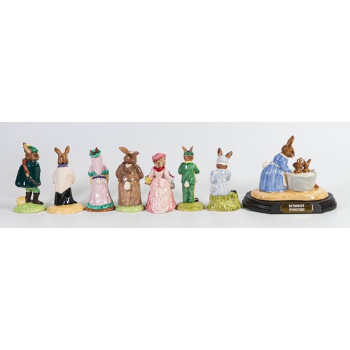 910 - Royal Doulton Bunnykins figures consisting of Bathtime, Maid Marion, Vicar, Robin Hood, Friar Tuck, ... 