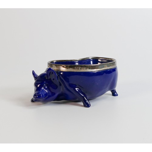 1071 - Royal Doulton Titanian pig dish with hallmarked silver rim, in dark blue Lapis Lazuli colourway, Res... 