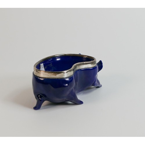 1071 - Royal Doulton Titanian pig dish with hallmarked silver rim, in dark blue Lapis Lazuli colourway, Res... 