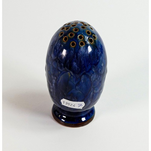 1120 - Doulton Lambeth Stoneware sugar sifter in the form of an Owl, in blue glaze, h.12cm.